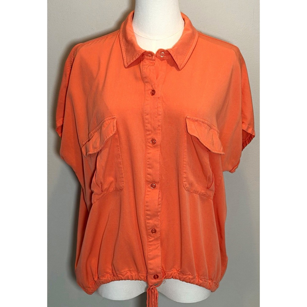Seven7 Orange Solid Collared Short Sleeve Button Front Woven Viscose Top XL